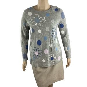 J.Jill Gray Cotton Floral Polka Dot Pullover Sweater Size L